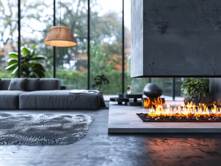 A modern living room featuring a sleek electric fireplace with vibrant flames, surrounded by contemporary decor, a large rug, and floor-to-ceiling windows that offer a view of lush greenery outside.