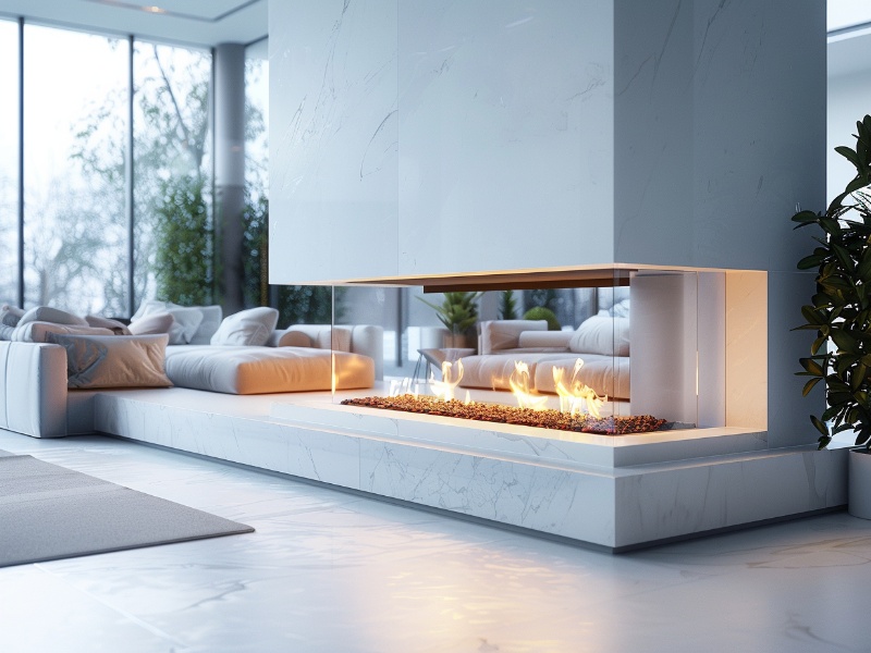 A sleek, modern living space showcasing a double-sided gas fireplace with a minimalist design. The fireplace features a clean, glass-enclosed flame, surrounded by a marble base and column. The room is bright and spacious, with contemporary furniture and large windows offering a view of the serene outdoor setting.