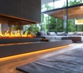 A modern living room featuring a sleek gas fireplace with bright flames, warm underlighting, and large windows overlooking a lush outdoor space, creating a comfortable and elegant ambiance.