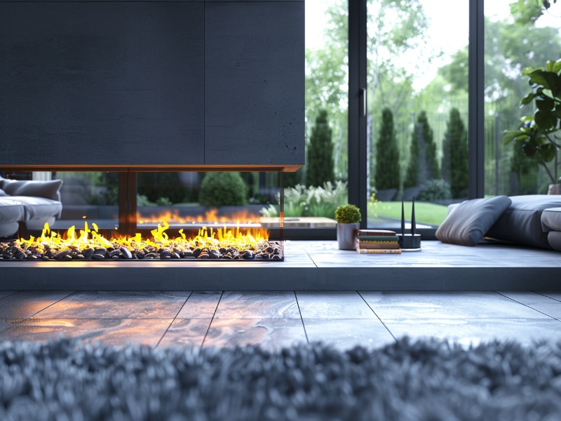 A sleek modern fireplace with a minimalist surround, set in a bright living room overlooking a garden, answering the question how do I choose the right fireplace surround for my home.