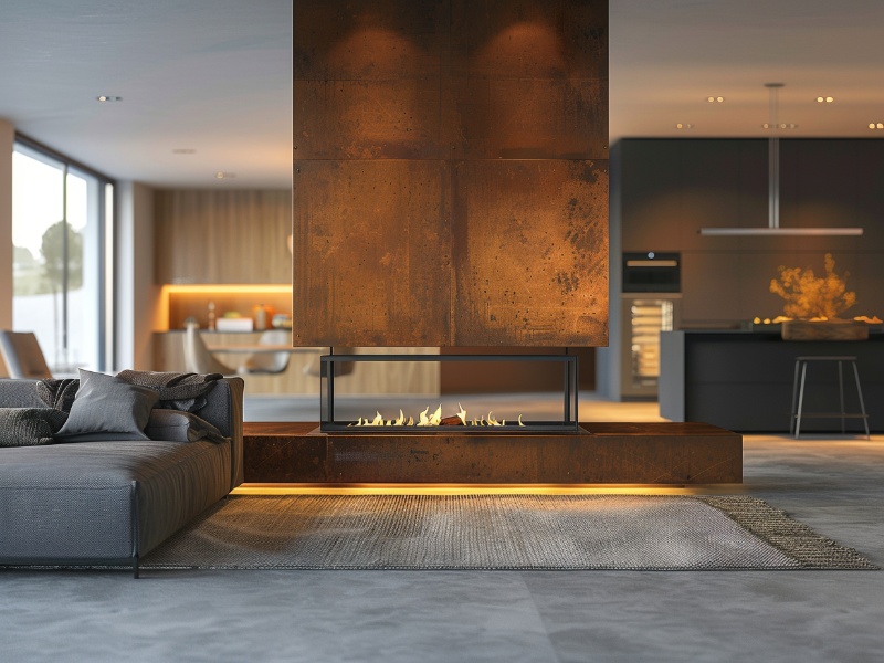 Modern living room with a sleek, custom made fireplace highlighting the investment value.