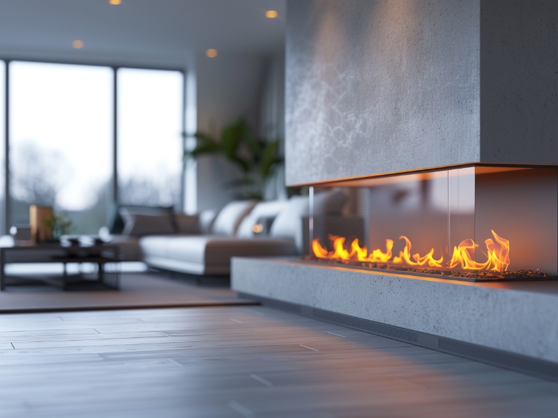 A sleek, modern gas fireplace glowing warmly in a minimalist living room setting.