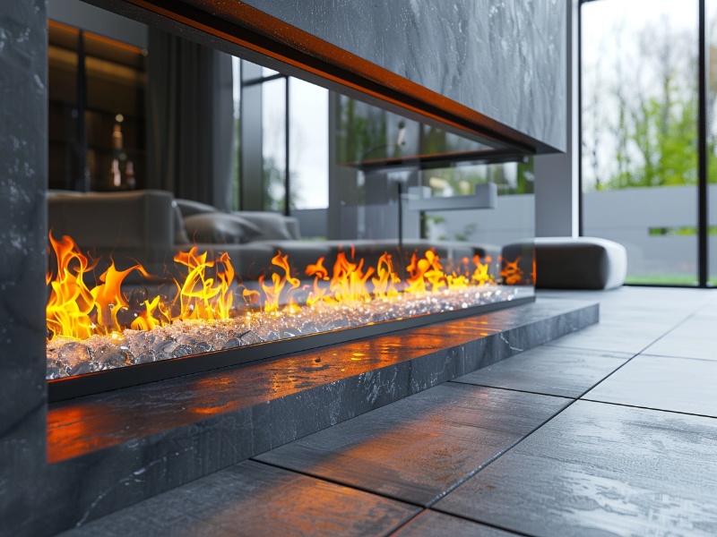 Linear fireplace with slate tiles on walls and floors in ultra modern mansion.