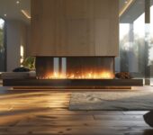 A modern built-in fireplace with a sleek, contemporary design.