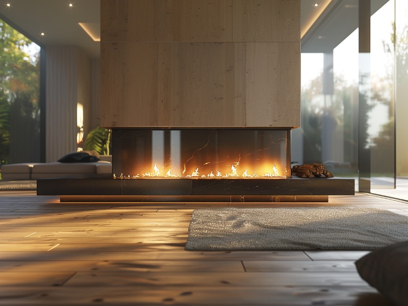 A modern built-in fireplace with a sleek, contemporary design.