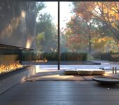 Sunlit sunroom featuring a sleek modern fireplace with glass walls providing an outdoor view.