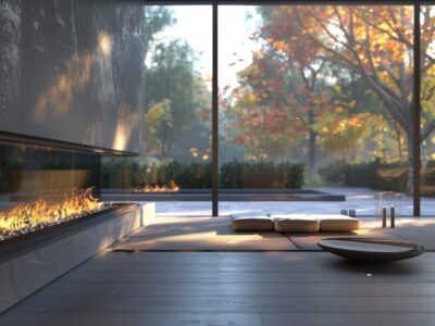 Sunlit sunroom featuring a sleek modern fireplace with glass walls providing an outdoor view.