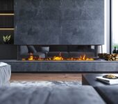 Modern living room with a sleek gas fireplace, showcasing essential safety pilot options.