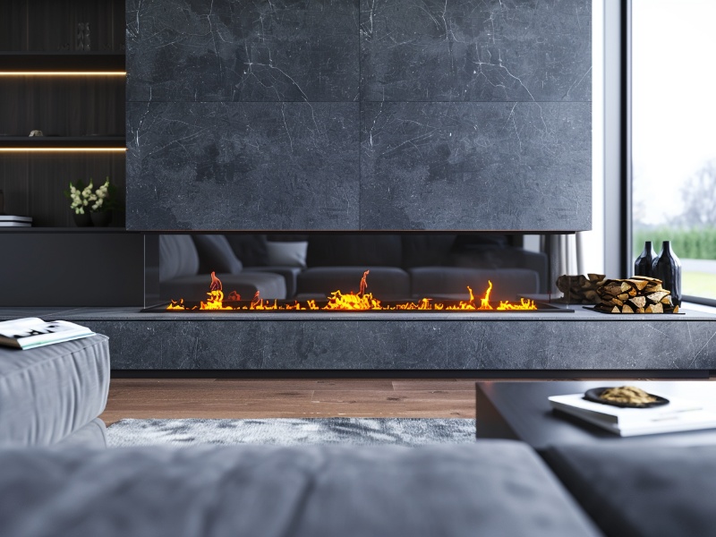 Modern living room with a sleek gas fireplace, showcasing essential safety pilot options.