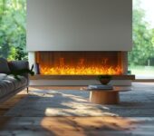 Modern living room with a sleek LED fireplace.