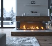 Modern indoor fireplace with a sleek wooden frame, exploring the pros and cons of changing fuel types.