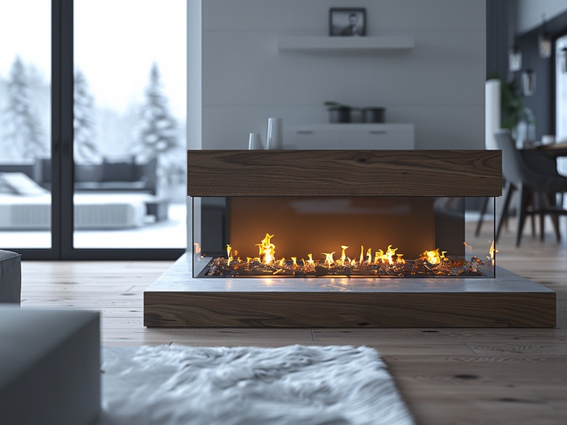 Modern indoor fireplace with a sleek wooden frame, exploring the pros and cons of changing fuel types.