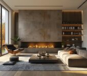 Modern living room showcasing furniture placement near a gas fireplace.