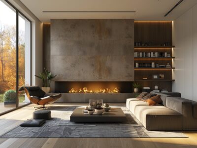 Modern living room showcasing furniture placement near a gas fireplace.