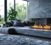 A sleek, modern living room with a contemporary fireplace, retroactively installed remote control, and cozy seating, featuring large windows and indoor plants, creating a comfortable and stylish atmosphere.