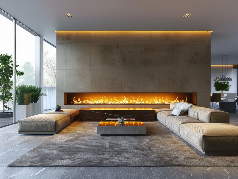Modern living room with an electric fireplace adding warmth.