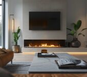 A modern living room featuring a sleek linear fireplace beneath a wall-mounted TV, with minimalist furniture, indoor plants, and warm lighting, creating a stylish and functional space.