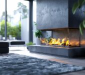 A modern living room with a sleek gas fireplace featuring bright flames, surrounded by minimalist decor, large windows, and a lush outdoor view, creating a stylish and airy atmosphere.