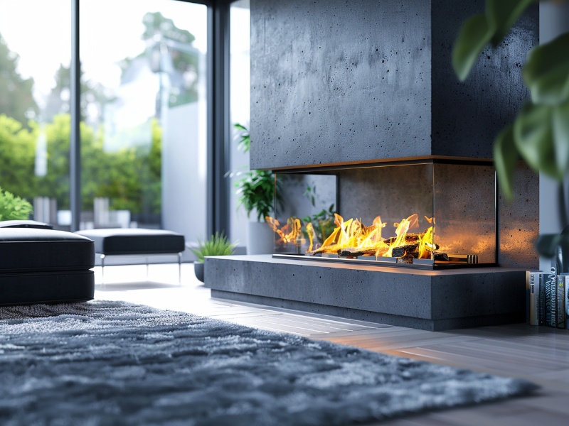 A modern living room with a sleek gas fireplace featuring bright flames, surrounded by minimalist decor, large windows, and a lush outdoor view, creating a stylish and airy atmosphere.