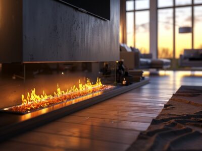 Modern gas fireplace in a stylish home.