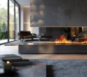 A modern living room featuring a sleek gas insert fireplace with vibrant flames. The fireplace is integrated into a minimalist concrete base, with a contemporary design emphasizing clean lines and open space. Comfortable seating and large floor-to-ceiling windows offer a view of lush greenery, creating a serene and inviting ambiance.