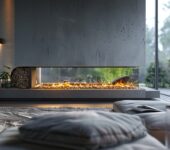 Sleek fireplace in a contemporary living room, showcasing energy-efficient design.