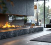 Modern fireplace with a sleek marble base, addressing the need for a hearth.