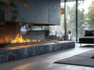 Modern fireplace with a sleek marble base, addressing the need for a hearth.