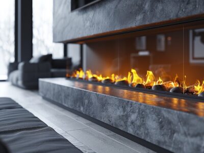 Close-up of a modern propane gas fireplace with glowing flames, emphasizing the role of vermiculite.