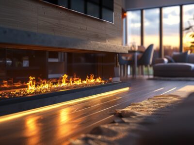 Modern living room with a bio-ethanol fireplace.