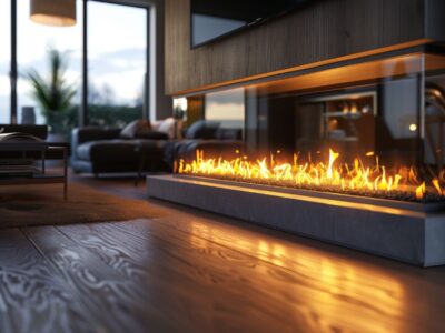 Sleek slimline fireplace installed in a modern living room with minimalist decor.