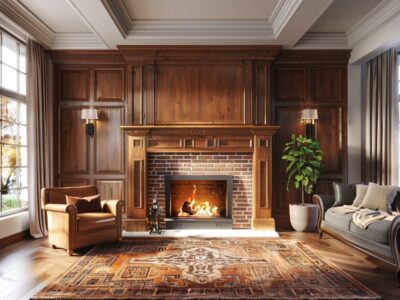 Luxurious interior design featuring and traditional fireplace.