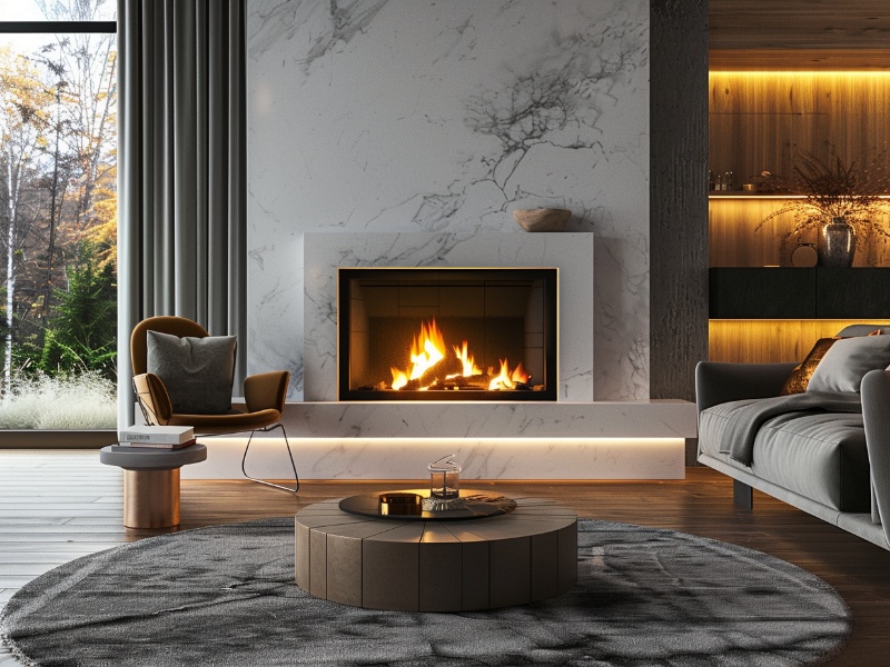Vented Gas Log Fireplace in luxury living room with white marble surround.