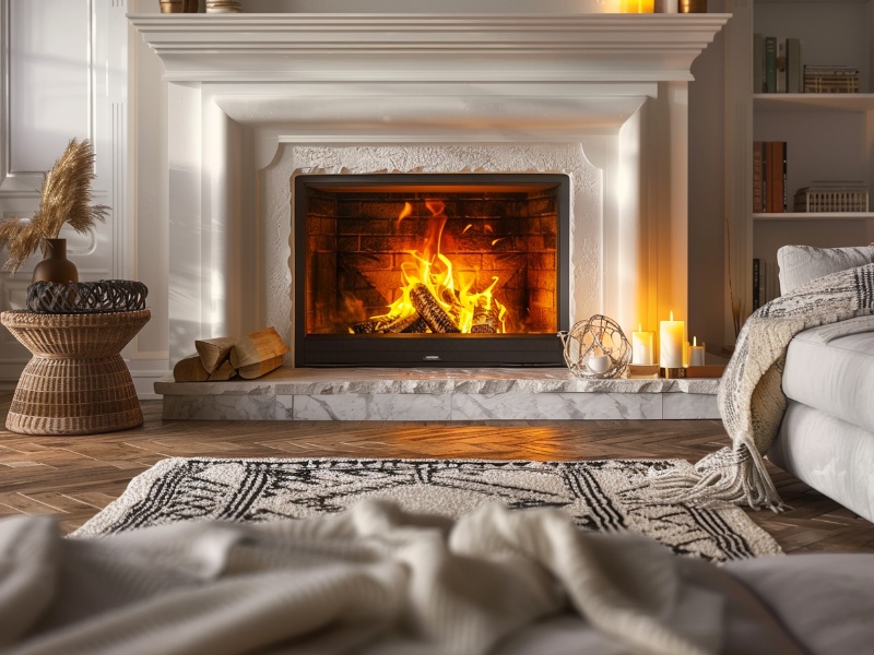 Cozy living room with a crackling wood-burning fireplace and a warm blanket.