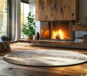 A modern living room with a metal chimney above a glowing fireplace, featuring wooden accents, large windows, and natural decor, creating a warm and inviting atmosphere.