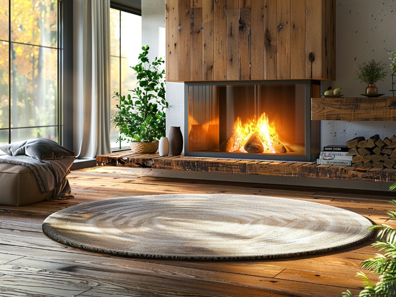 A modern living room with a metal chimney above a glowing fireplace, featuring wooden accents, large windows, and natural decor, creating a warm and inviting atmosphere.