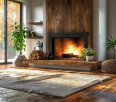 Elegant wood flooring surrounding a fireplace, with a decorative rug adding warmth.