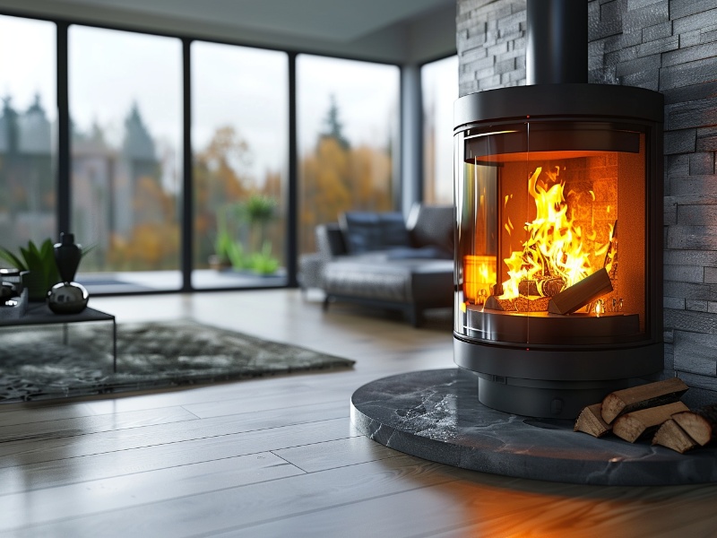 Round wood-burning stove in modern room with rock wall and hearth