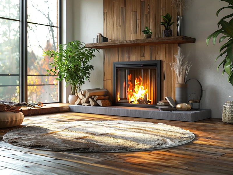 Modern fireplace with a traditional look in a prefab home.