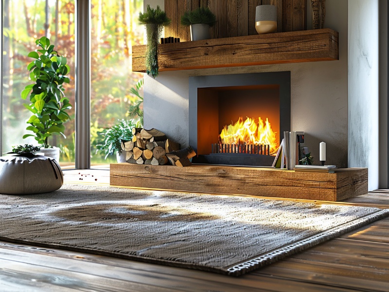 Linear gas fireplace with a rustic stone surround
