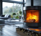 Modern living room with a fireplace and a stack of firewood, illustrating a cord of wood.