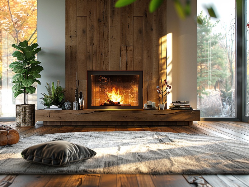 A modern electric fireplace with a custom wood surround.