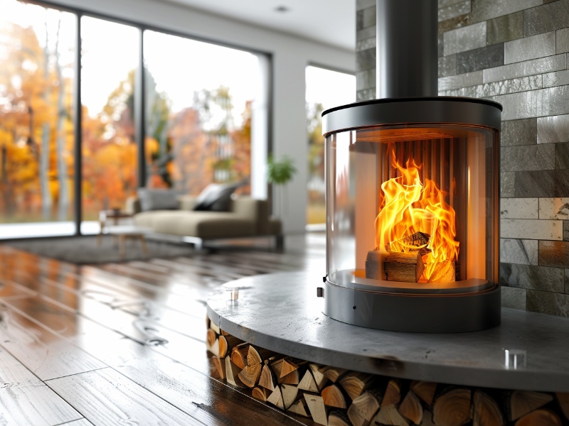 Neatly stacked firewood beside a fireplace, showcasing proper wood stacking techniques for efficient fire-starting.