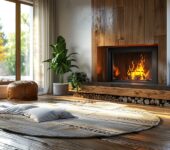 A rustic living room featuring a wood-burning fireplace with a warm, crackling fire. The space includes natural wooden accents, a circular rug with pillows, potted plants, and large windows letting in abundant sunlight. A stack of firewood is neatly stored under the fireplace, enhancing the cozy and inviting atmosphere. What wood causes the most creosote.