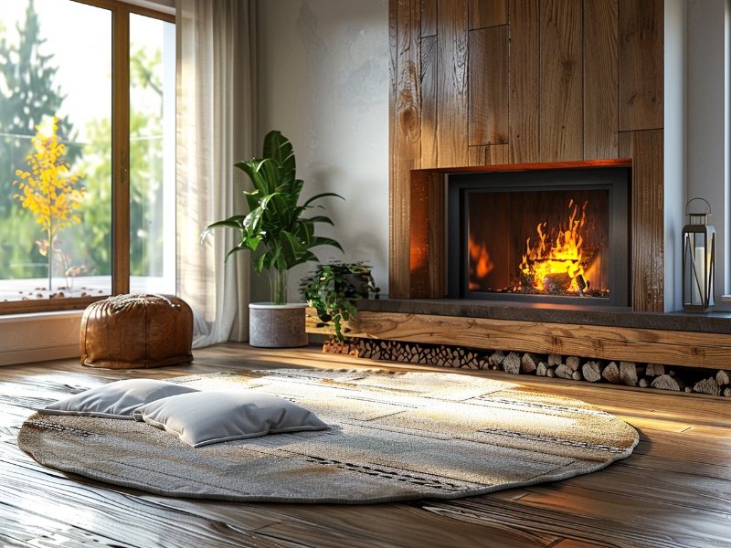 A rustic living room featuring a wood-burning fireplace with a warm, crackling fire. The space includes natural wooden accents, a circular rug with pillows, potted plants, and large windows letting in abundant sunlight. A stack of firewood is neatly stored under the fireplace, enhancing the cozy and inviting atmosphere. What wood causes the most creosote.