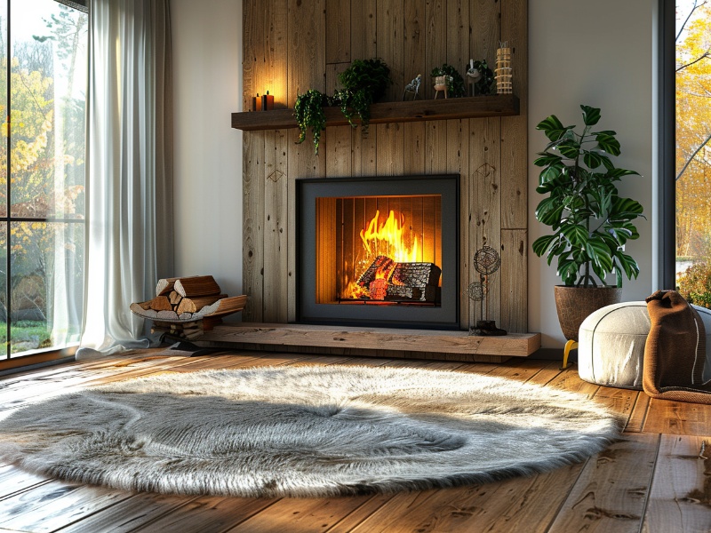 Cozy fireplace insert with faux wood bump-out and mantle in small room centered between full size windows.