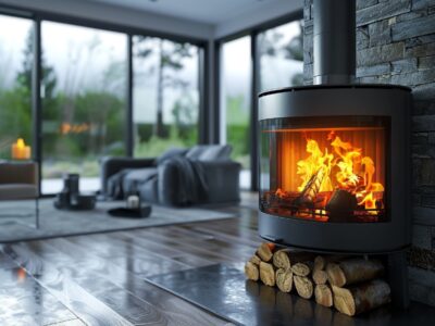A sleek, modern freestanding gas fireplace enhancing a cozy walk-out basement setting.
