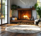Modern gas fireplace insert with realistic flames in a cozy living room.