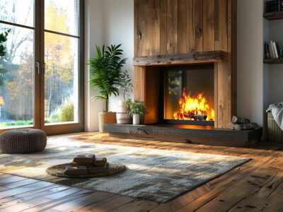 A living room with a fire that can safely be put out using baking soda.