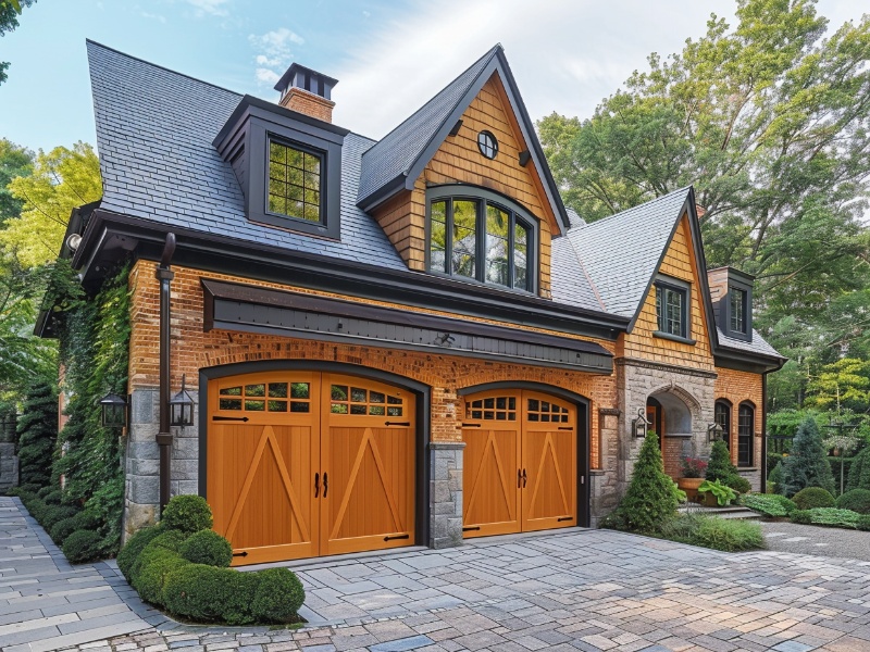 Elegant wooden carriage garage door adding traditional charm to a home.